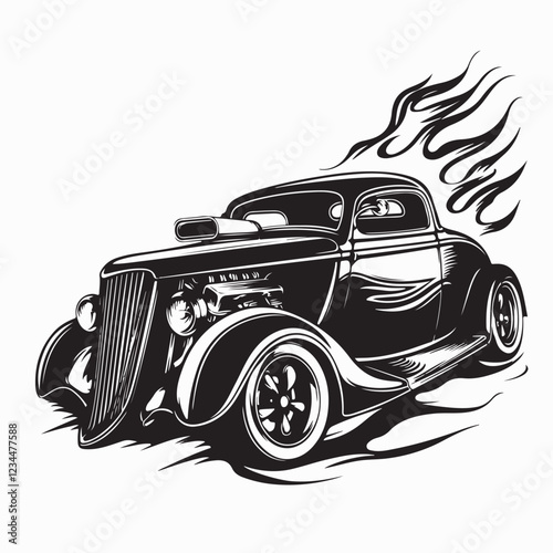 Vintage hot rod with flames behind it on a white background  photo