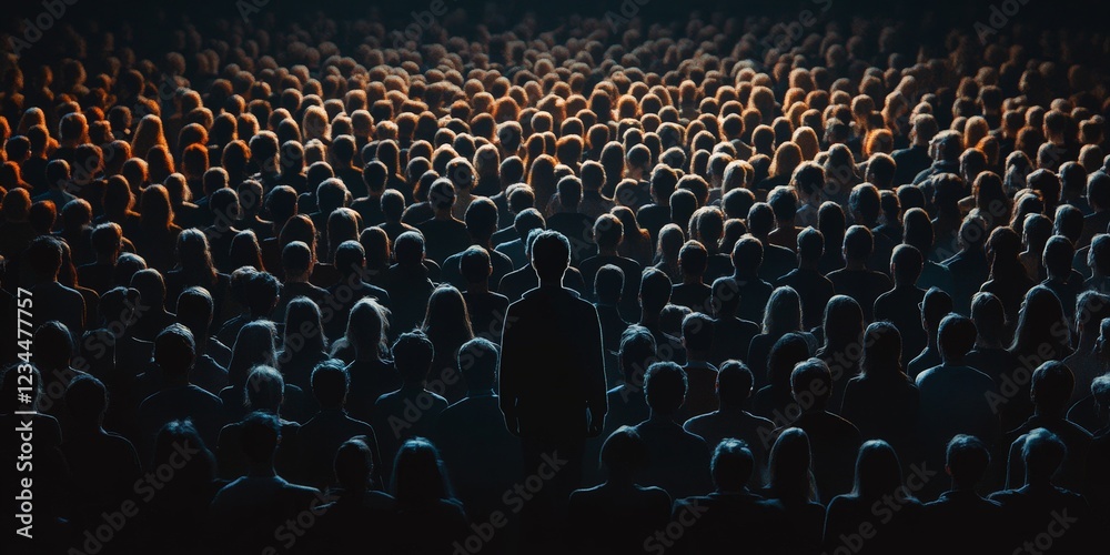 Obraz premium A glowing figure standing out in a dark crowd, symbolizing individuality or uniqueness. Great for leadership or creative themes.