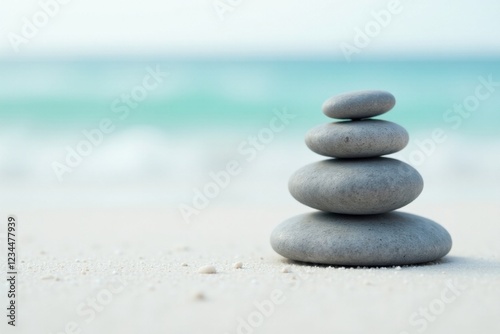 Serene Coastal Stones A Balanced Stack of Gray Pebbles Resting on a Tranquil White Sandy Beach with a Blurred Ocean Background