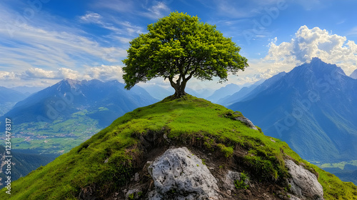Lone tree atop mountain, valley below, sunny day, nature postcard