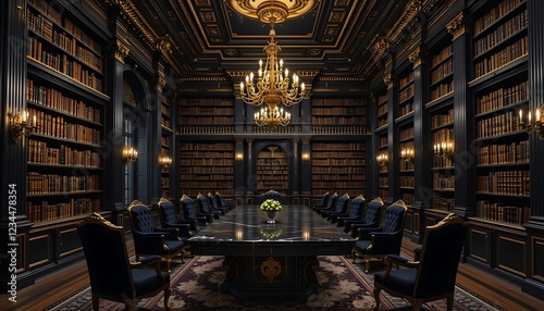 Grand Library Interior Design Black Gold Decor. Baroque Style