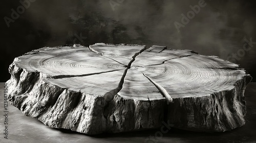 A dramatic black-and-white photograph of an aged tree stump, displaying concentric growth rings, cracks, and organic lines that narrate the passage of time