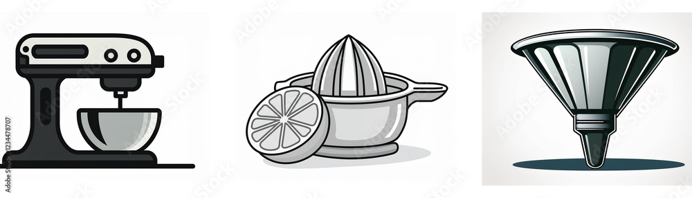 A set of kitchen utensil icons: stand mixer, citrus juicer, and funnel. Simple grayscale illustrations. A set of kitchen utensil icons: stand mixer, citrus juicer, and funnel. Simple grayscale illustrations.