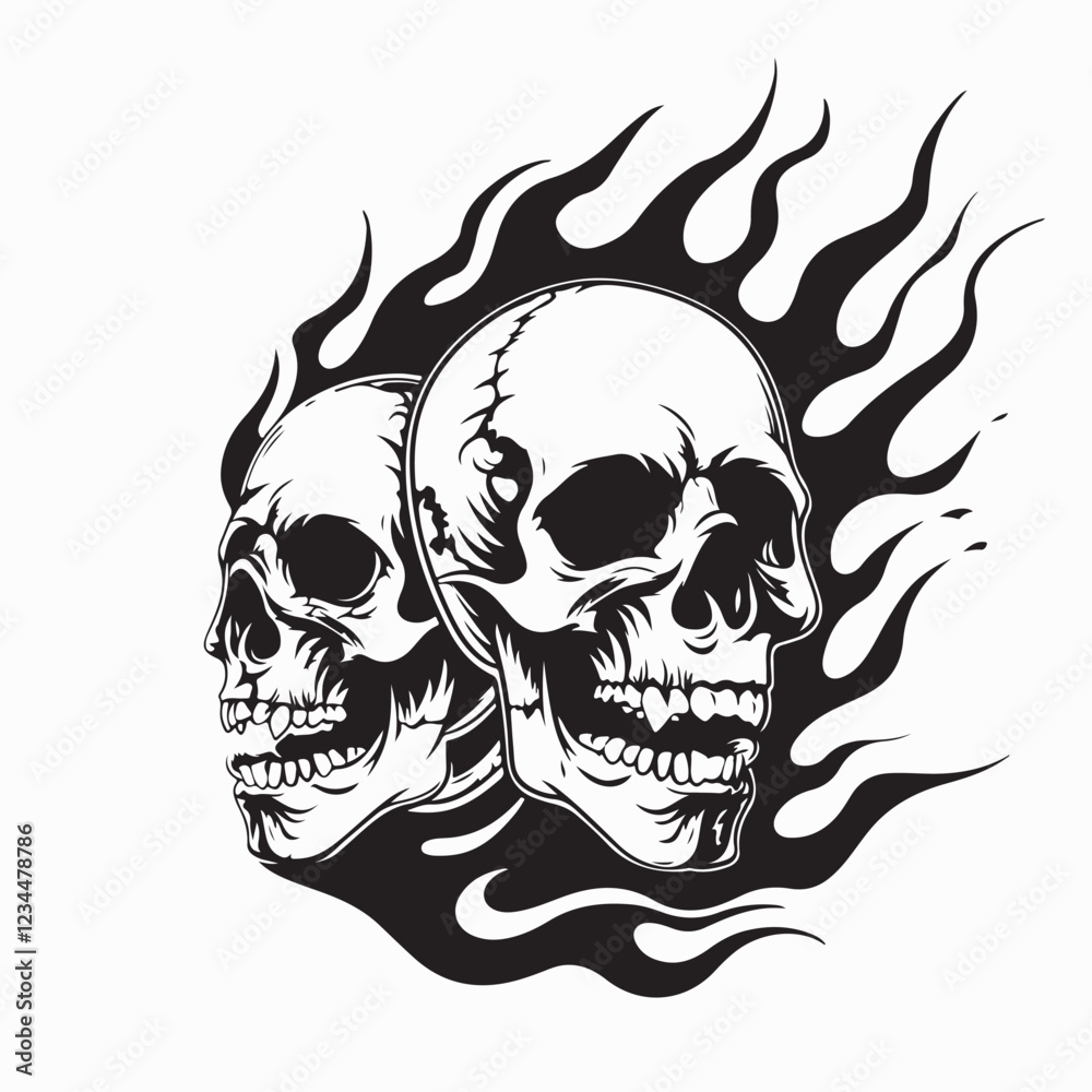 Fototapeta premium Flaming Skull Images Vector. Black white Skull Fire Flames Vector Image on white background.