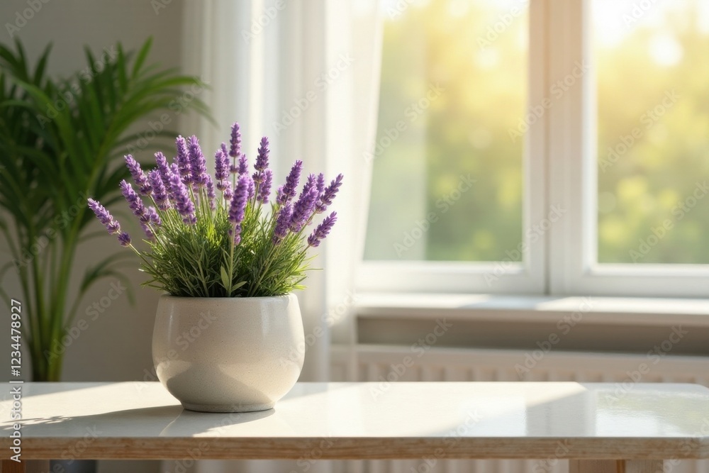 Fototapeta premium Sunlit Lavender in a White Pot on a Table by a Window