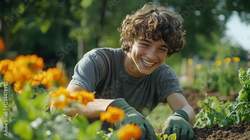 A happy young man tending to his garden, surrounded by vibrant orange flowers and lush greenery.  He's smiling and enjoying the simple pleasures of nature.