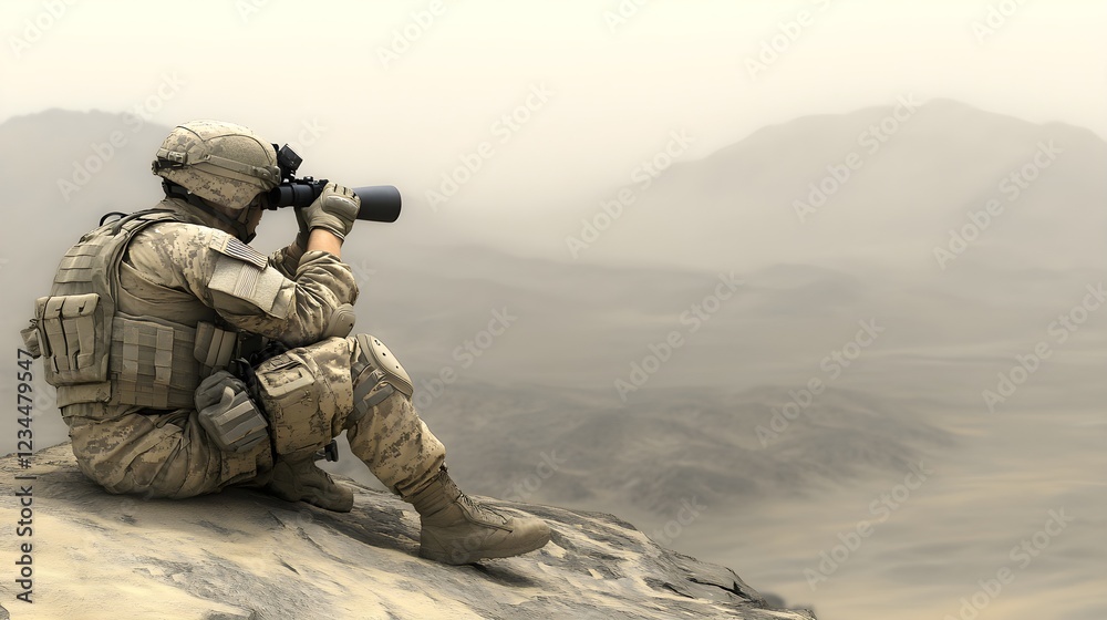 Soldier Observing Mountain Ridge with Binoculars at Dawn Soldier Observing Mountain Ridge with Binoculars at Dawn