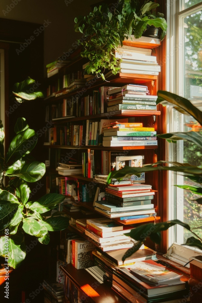 Sunlit Bookshelf Filled With Various Books And Plants Sunlit Bookshelf Filled With Various Books And Plants