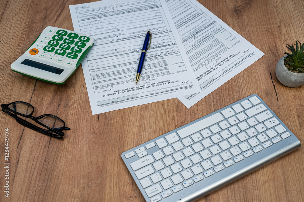 Calculating taxes in Poland, Pit different form with pen calculator glasses on desk