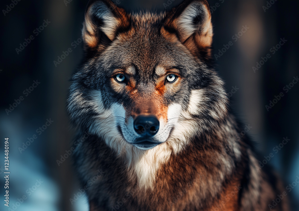 Obraz premium Beautiful majestic wolf with piercing eyes standing in a snowy forest, symbolizing strength, wilderness, resilience, and the untamed beauty of nature in winter