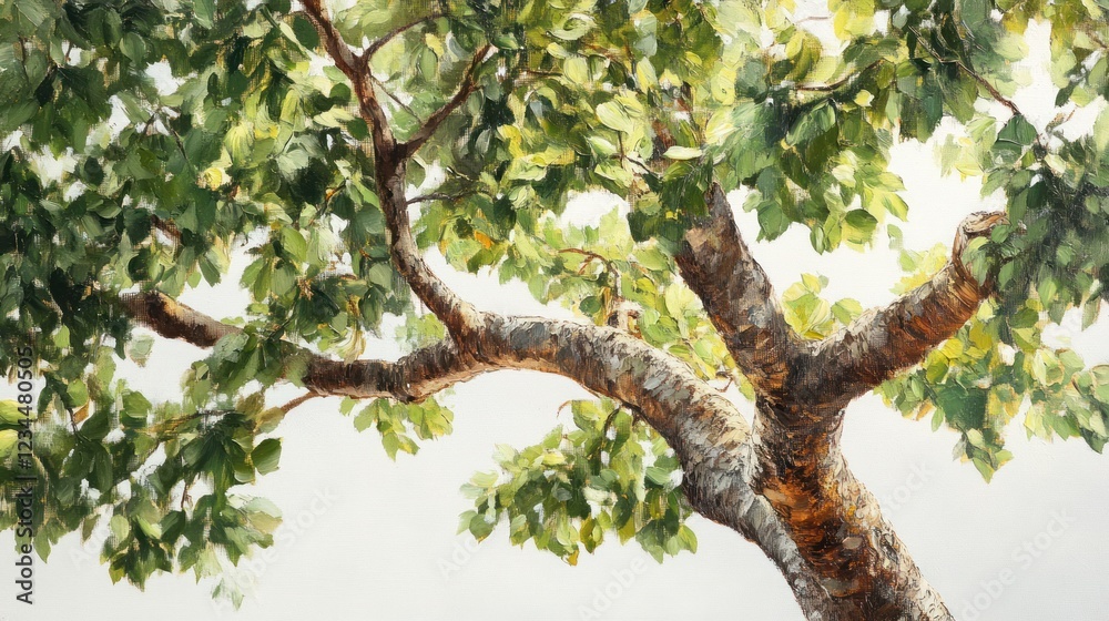 Fototapeta premium Sunlight dappled tree branches, summer sky. Nature, serenity, calm