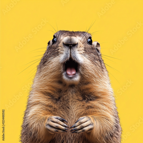 Adorable prairie dog with an open mouth and wide eyes, expressing surprise or shock, isolated on a bright yellow background, humorous and expressive animal portrait