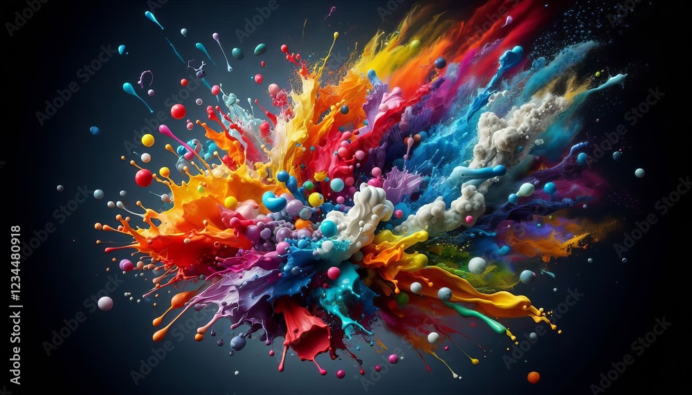A burst of vibrant, multicolored paint splashes and droplets against a dark backdrop, with fluid trails of various colors blending together. A burst of vibrant, multicolored paint splashes and droplets against a dark backdrop, with fluid trails of various colors blending together.