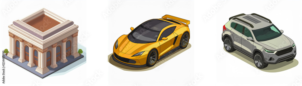 Isometric view showcasing a classical building, a sports car, and an SUV.  Ideal for game assets or architectural visualization.