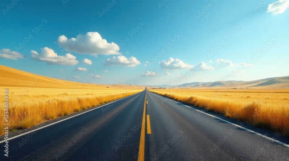 Asphalt ribbon unwinding through sun-drenched golden fields under a vibrant blue sky, promising adventure and open road journeys Asphalt ribbon unwinding through sun-drenched golden fields under a vibrant blue sky, promising adventure and open road journeys