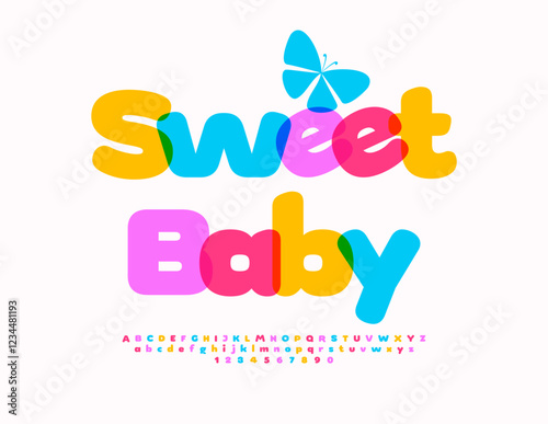 Vector Festive logo Sweet Baby. Transparent Watecolor Font. Cute Children Alphabet Letters and Numbers set