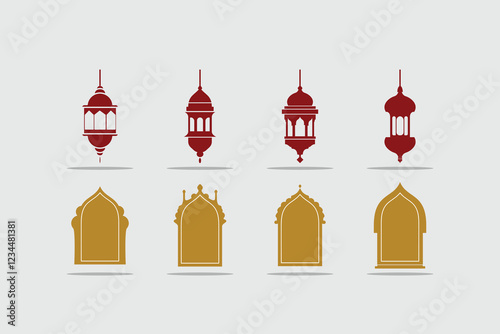 set of Islamic architecture elements, including mosque dome, minaret, and window designs. Perfect for Islamic-themed designs, Ramadan, Eid, and more.