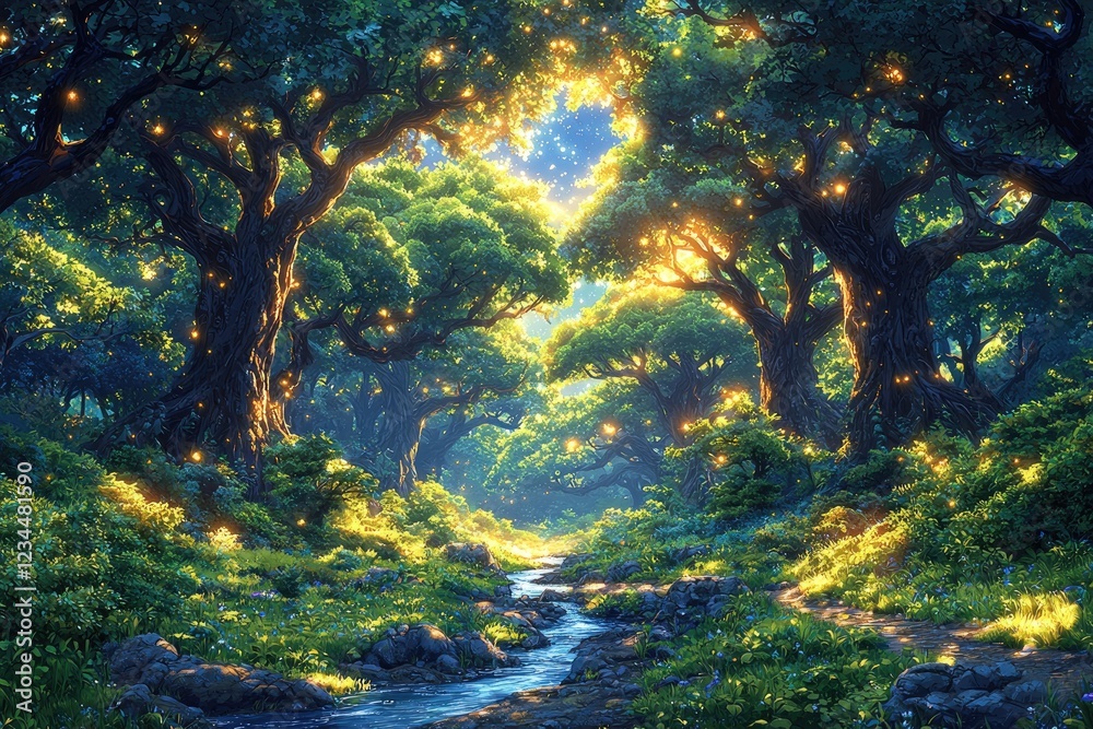 Enchanting Forest Stream Glowing With Magical Lights Enchanting Forest Stream Glowing With Magical Lights