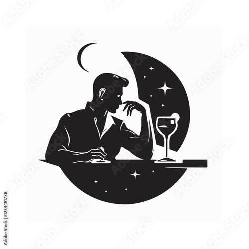 Man Waiting for His Partner at a Restaurant for Dinner Silhouette Vector Logo