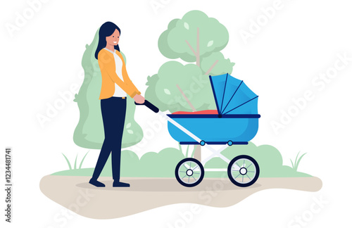Mother walking with baby stroller outdoors - Parent in park or nature forest going for a walk with pram alone smiling. Parenting concept in flat design vector illustration on white background