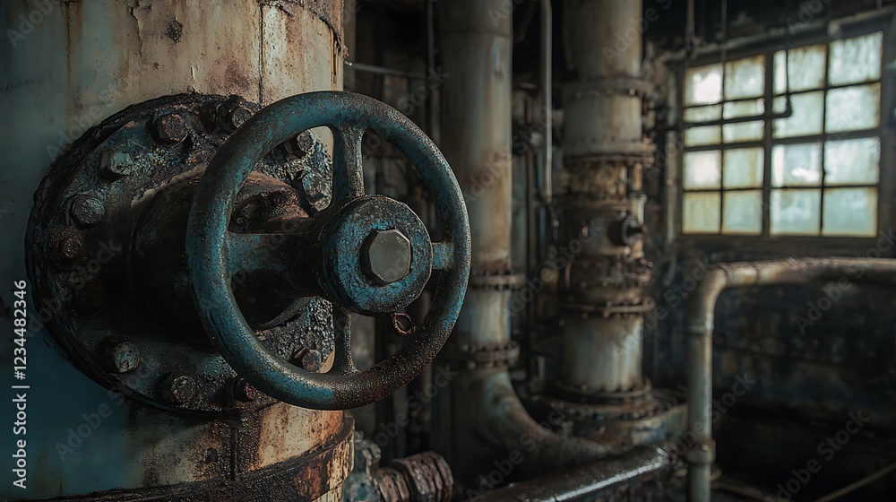 Rusty Industrial Valve in Abandoned Factory Rusty Industrial Valve in Abandoned Factory