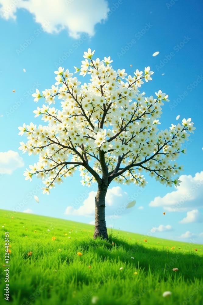 Obraz premium Single white blossomed tree on a green meadow, landscape, green meadow solo tree blossoms
