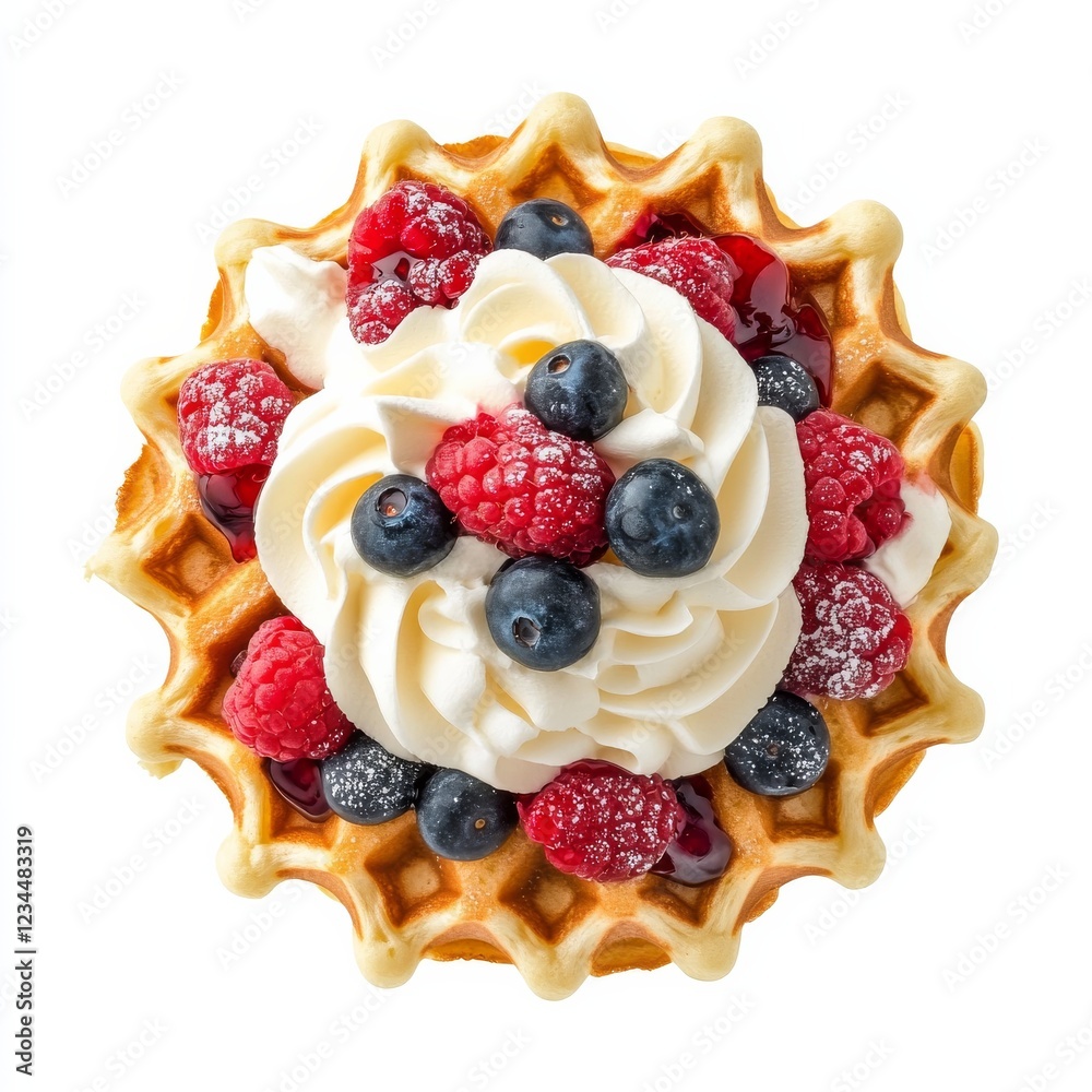 A stack of fluffy waffles with whipped cream and berries, isolated white background, pop art style A stack of fluffy waffles with whipped cream and berries, isolated white background, pop art style