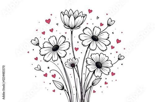Primitive minimalistic black and white line drawing. Bouquet of flowers with red hearts. Banner, card, invitation