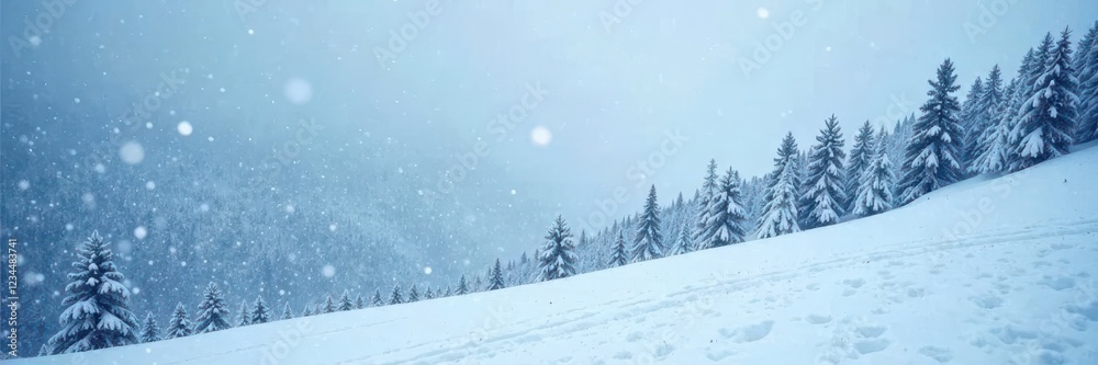 Fototapeta premium Snow-covered hill in the midst of a heavy snowfall, whiteout conditions, winter storm