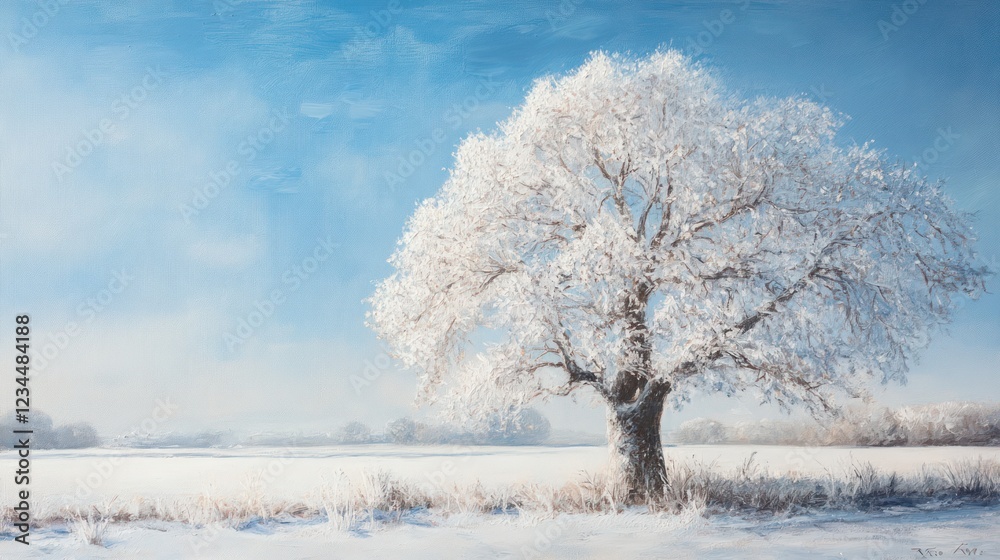 Frosty winter tree in snowy field, serene landscape, peaceful nature scene, ideal for calendar or postcard Frosty winter tree in snowy field, serene landscape, peaceful nature scene, ideal for calendar or postcard