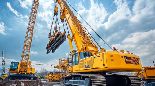 A yellow crane is lifting a large object photo