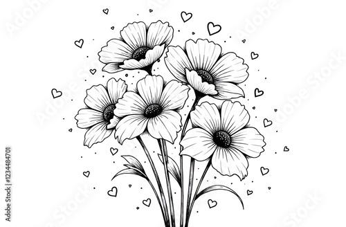 Coloring book, banner, card, invitation. Primitive minimalistic black and white line drawing. Bouquet of flowers with hearts. Banner, card, invitation