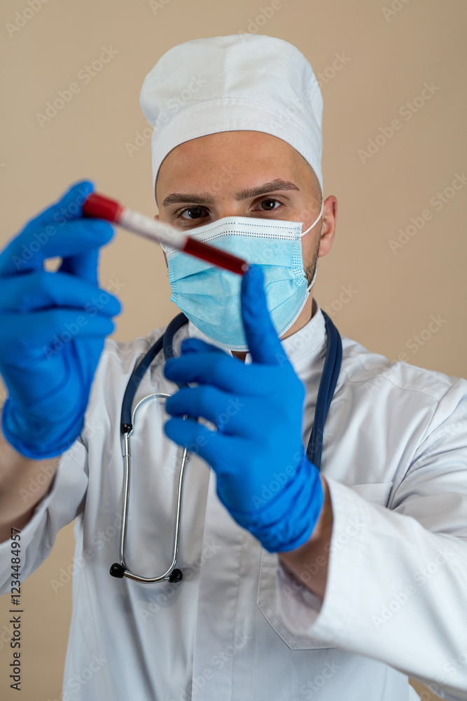 young caucasian doctor in protective uniform mask and gloves hold testing tube with blood isolated young caucasian doctor in protective uniform mask and gloves hold testing tube with blood isolated