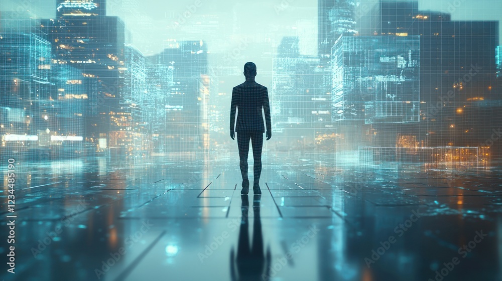 Man viewing holographic city data at night Man viewing holographic city data at night