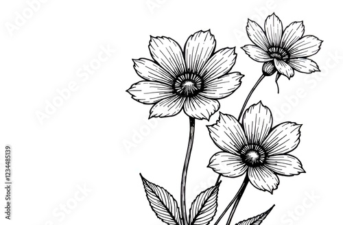 Flower coloring book. Three flowers are depicted on a white background. Linear black and white drawing.