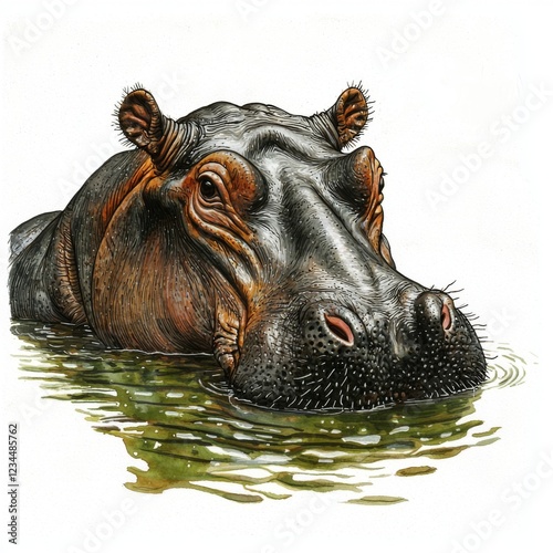 Realistic illustration of a calm hippopotamus partially submerged in water, showcasing intricate details of its skin texture photo