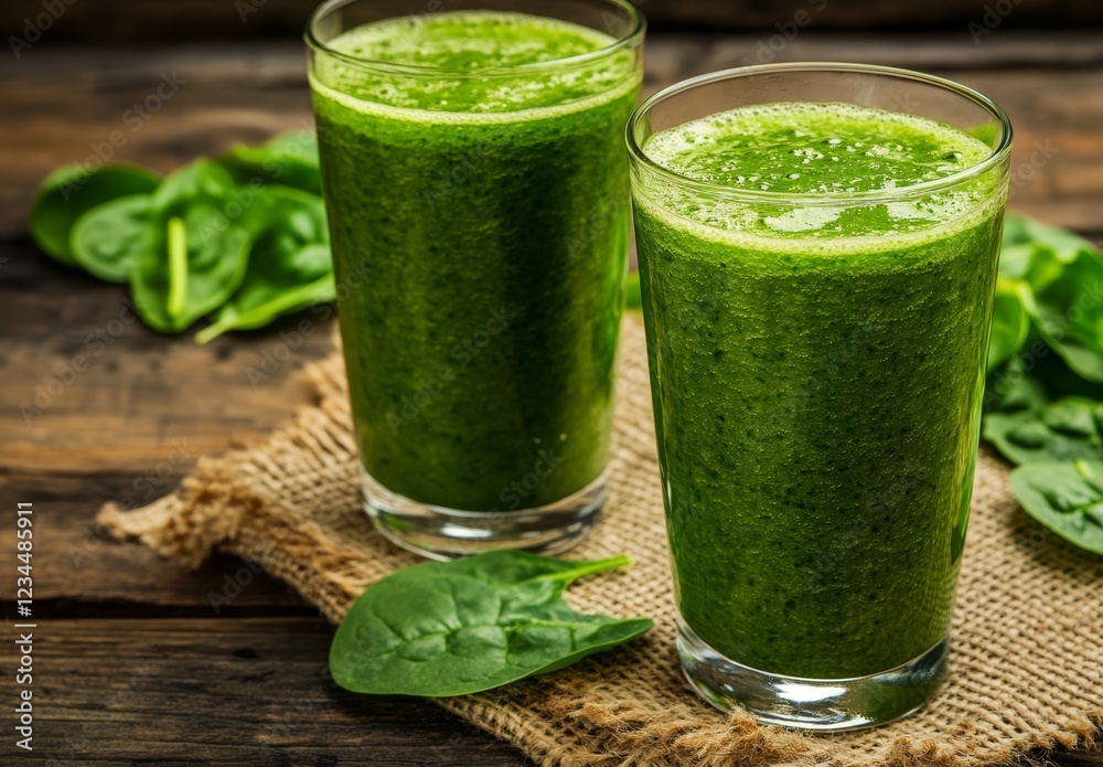 Two glasses of fresh green spinach smoothie on rustic wooden background.