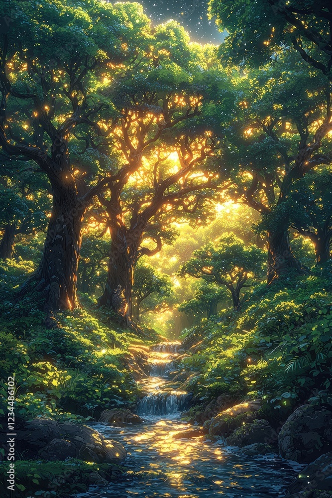 Sunlit Forest Stream Golden Light Pathway Nature Sunlit Forest Stream Golden Light Pathway Nature