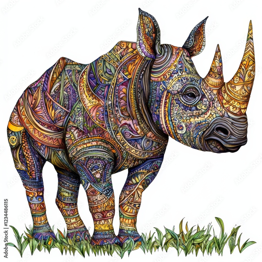 Obraz premium Colorful and Intricate Artistic Representation of a Rhinoceros with Decorative Patterns and Textures