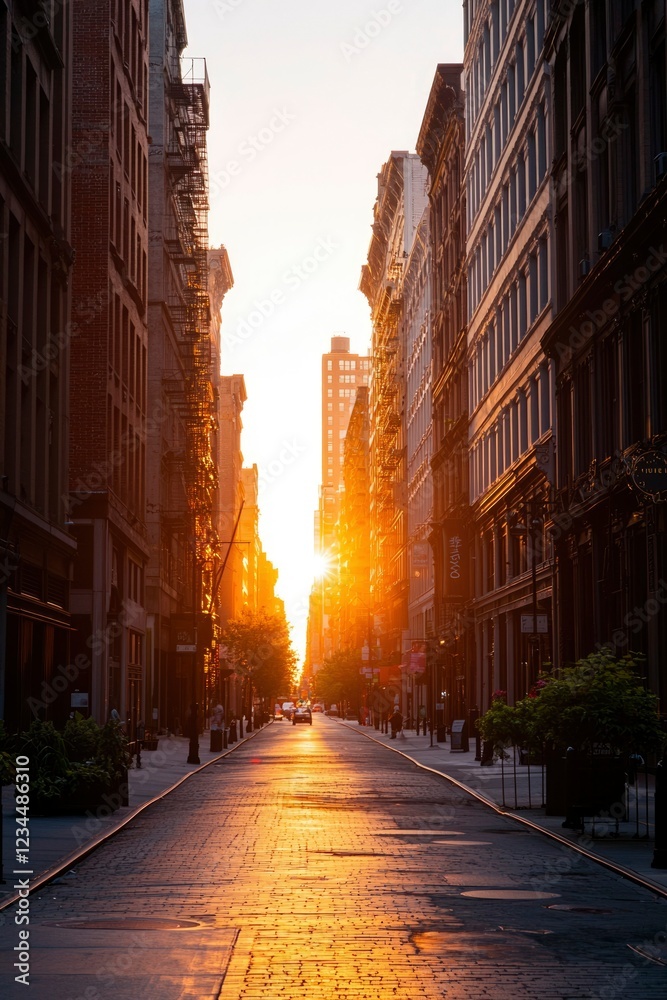 Fototapeta premium Golden Sunrise Illuminates Cobblestone Street Between Old Buildings