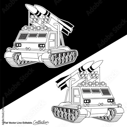 Black and white military battle tank, flat vector illustration