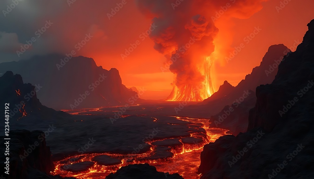 Fototapeta premium Fiery Volcanic Eruption: A Dramatic Landscape Painting