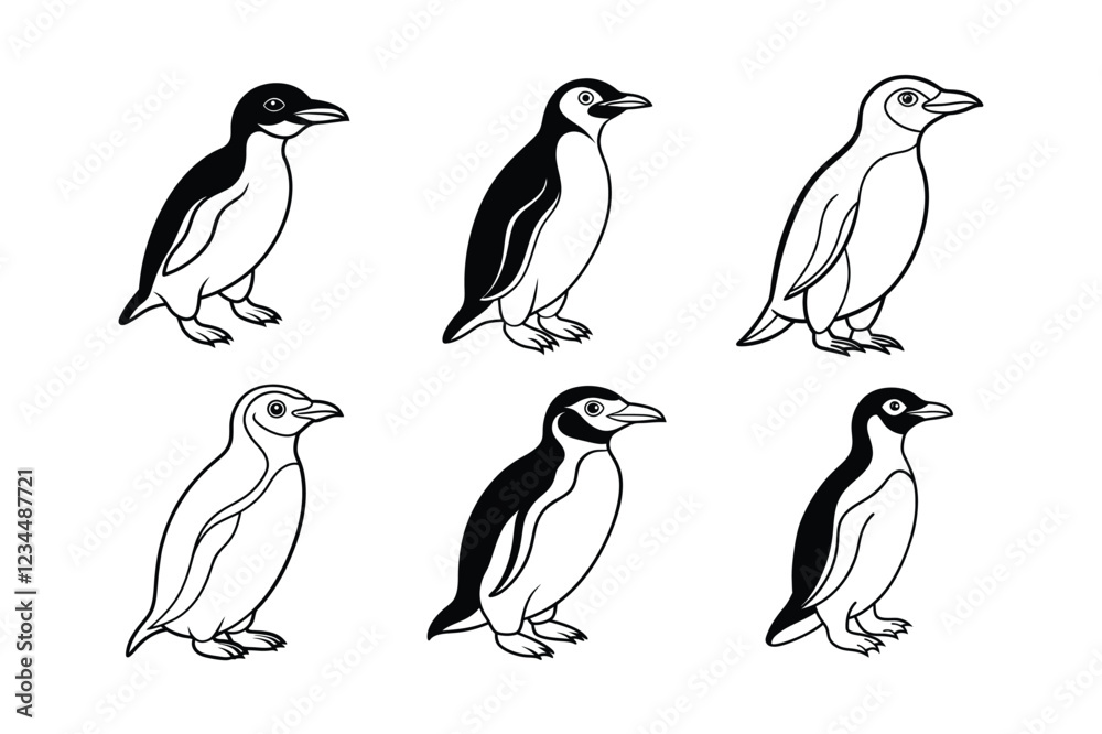Obraz premium Yellow-Eyed Penguin (Megadyptes antipodes) animal design, labeled line art vector art illustration.
