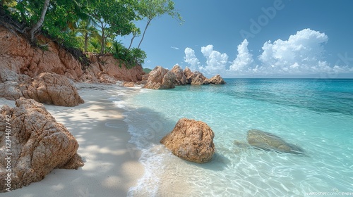 Serene Tropical Beach with Crystal-Clear Turquoise Waters and Lush Green Vegetation