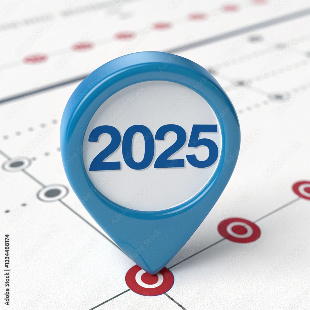 3d realistic Blue pin marking the year 2025 within pin on a timeline concept 3d realistic Blue pin marking the year 2025 within pin on a timeline concept