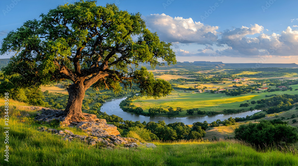Majestic oak overlooking river valley sunset Majestic oak overlooking river valley sunset
