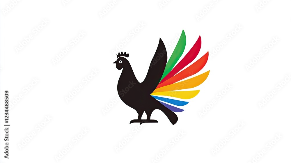 Obraz premium Colorful rooster design, vibrant tail feathers, white background, logo design, graphic illustration