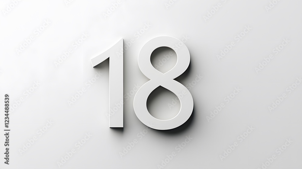18. A smooth white backdrop with the number 18 in a thin, elegant font 18. A smooth white backdrop with the number 18 in a thin, elegant font