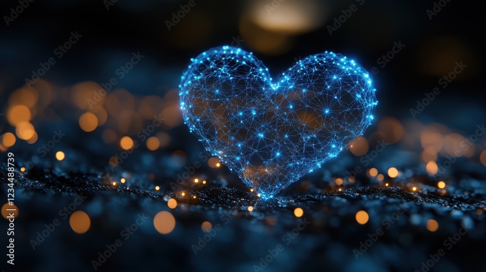 Fototapeta premium A glowing heart made of interconnected nodes against a blurred background.