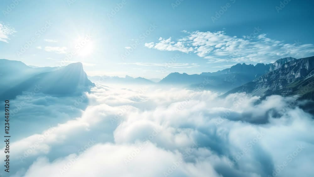 Layered Mountain Summits Emerging Through Gently Floating Misty Fog Layered Mountain Summits Emerging Through Gently Floating Misty Fog